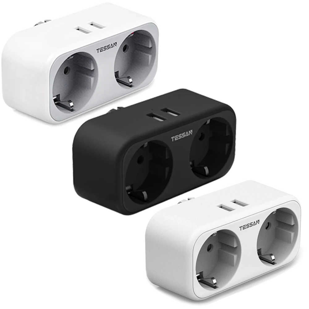 TESSAN Gray/White/Black EU Socket Adapter with 2 AC Outlets and 2 USB Ports Wall Power Strip 110~230V Overload Protection Power Strip Plug Adapter