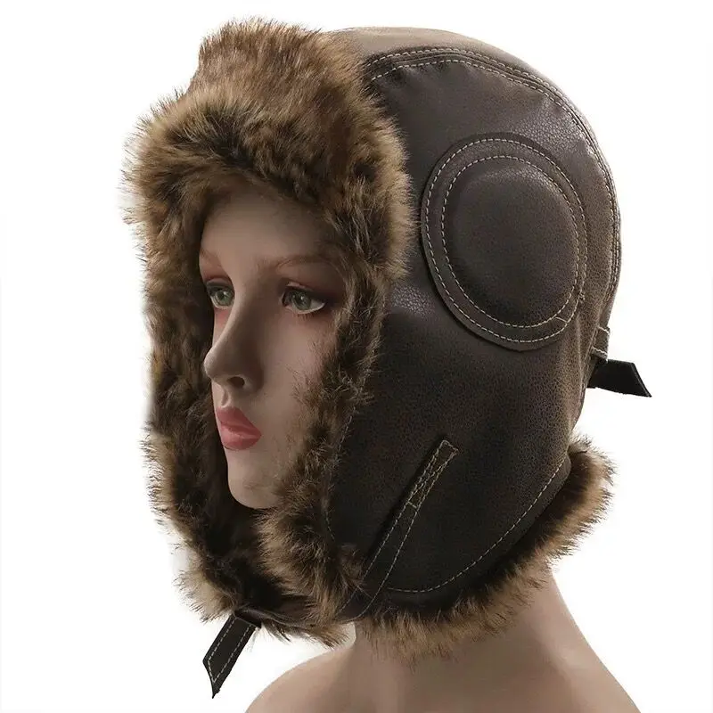 Earflap Ushanka Warm Fur Hat Leather Army Helmet Bomber Men Trapper Pilot Aviator Costume Cap With Goggle Soviet For Women thermal aviator bomber hat