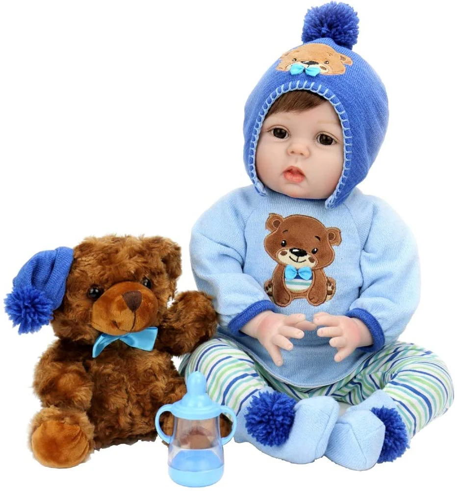 

Boneca Reborn Bebe Girl 22 Inch Handmade Silicone Newborn Baby Dolls In Blue bear sweater Children Gift Toys