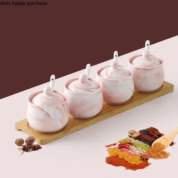 

Four-piece Seasoning Pot Ceramics Kitchen Supplies Storage Organize Tank Home Seasoning Box Set Combination Glass Salt Shaker