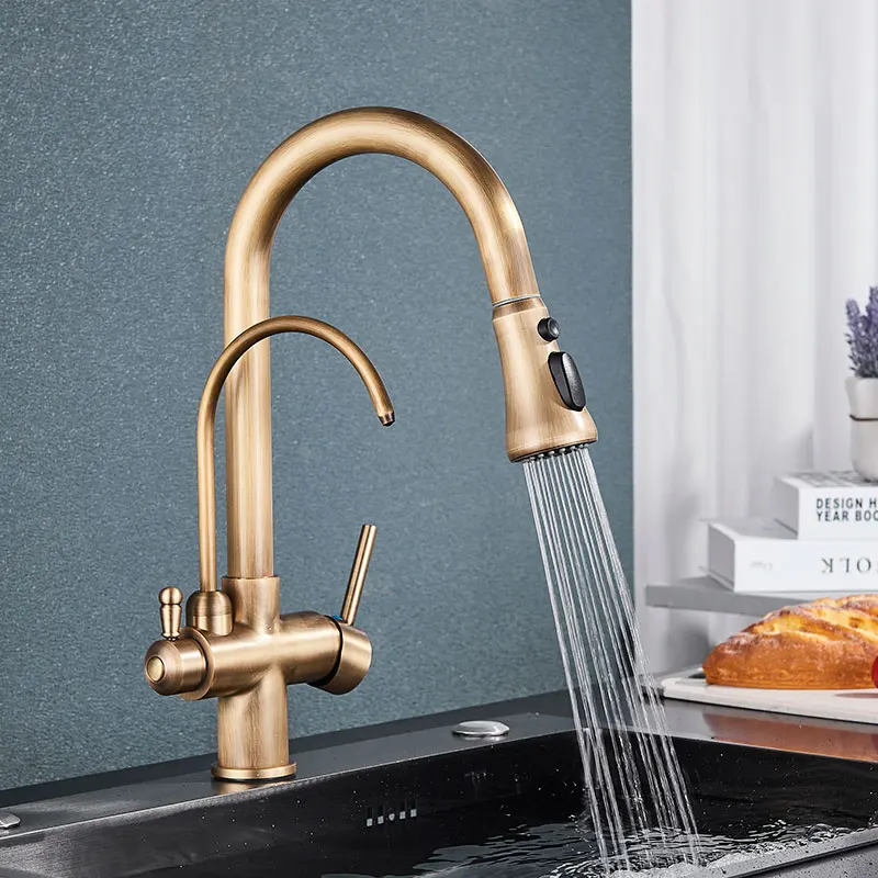 Hownifety Antique Brass Sensor Kitchen Faucets Cold Hot Water Filter Sink Mixer Crane Tap Pull Out Smart Touch Control Tapware ceramic kitchen sink