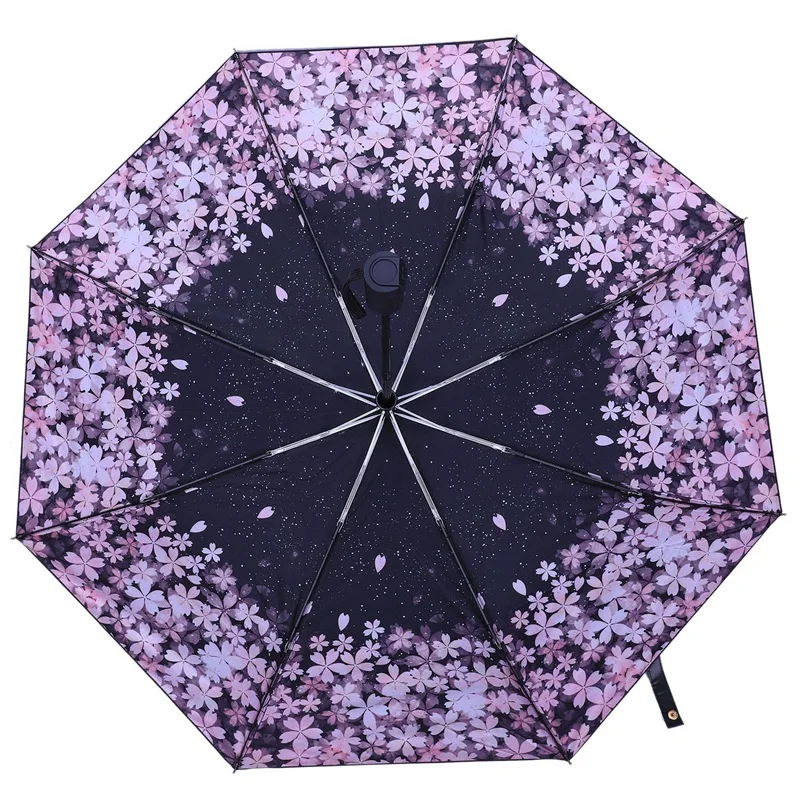 ELEG-Cherry Blossom автоматический зонт женский зонтик черное покрытие солнце и дождь зонтик женский 210T ткань три-складной