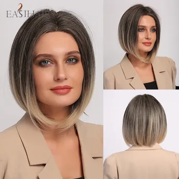 

EASIHAIR Short BOB Wig for Women Ombre Black Ash to Blonde Hairline Part Lace Wigs Synthetic Hair Wigs for Women Cosplay Daily