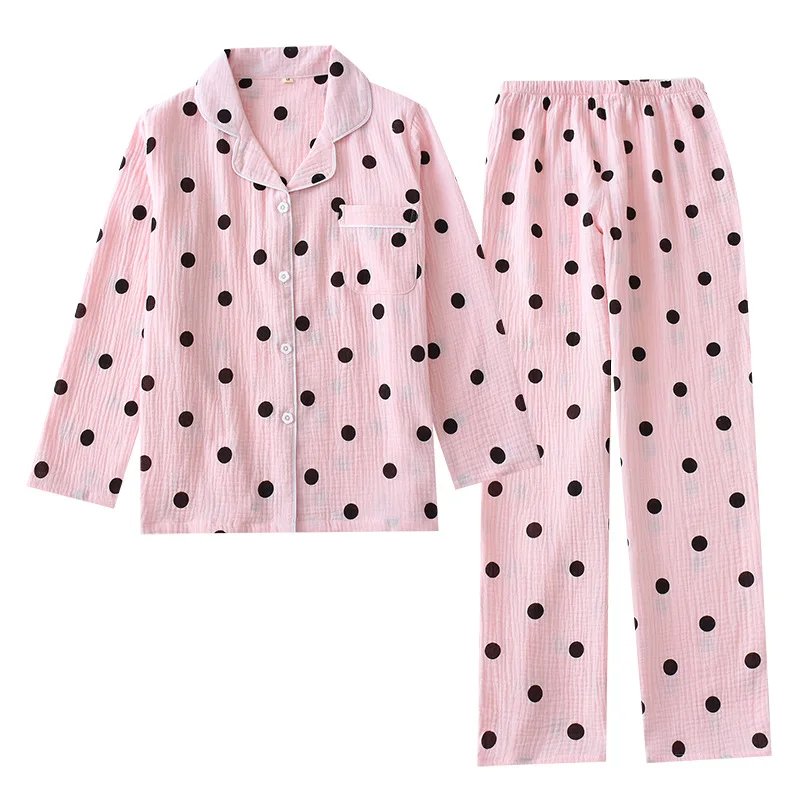 Осенний хлопок креп с длинными рукавами брюки пижамы для женщин горошек печати пижамы плюс размер Пара сна домашняя одежда