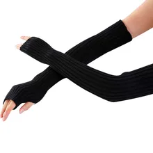 Тянущиеся вязаные варежки, женские длинные перчатки для зимы, теплые перчатки для запястья, одноцветные перчатки для сенсорного экрана, длинные перчатки без пальцев, guantes