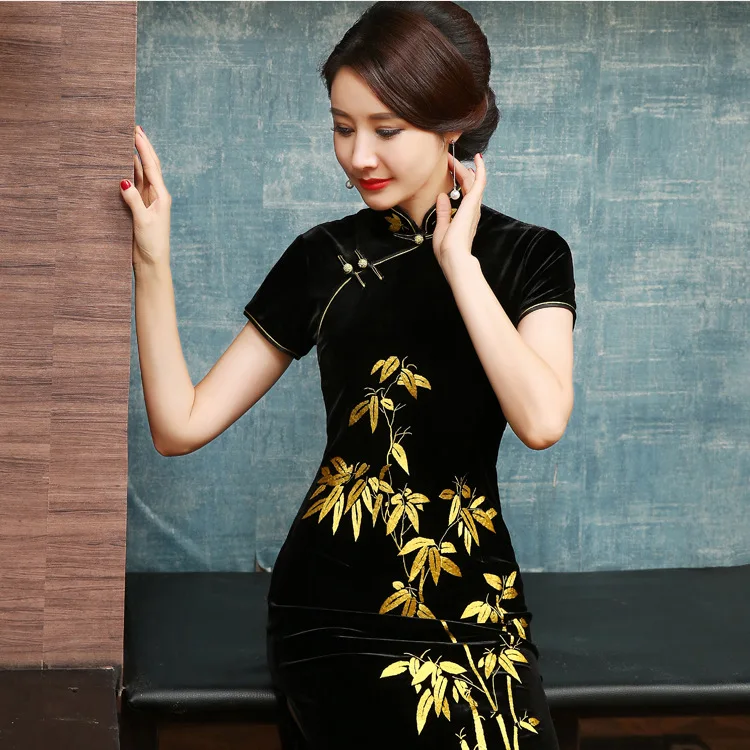 Вышивка листья леди китайское платье бархат Китайский воротник Qipao платье сексуальный Cheongsam вечернее платье для осени новое платье