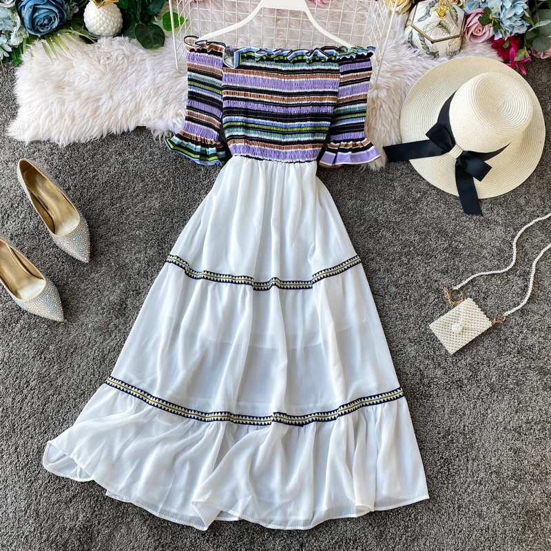 Beach Chiffon Dress Korean Vintage Women's Dresses Spring Summer Women Clothes 2020 Slash Neck Vestidos Ropa Mujer ZT5392 | Женская