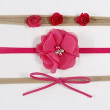 Стиль в европейском и американском стиле, бант, шифон, цветы, роза, нейлоновая детская лента для волос, комплект из трех цветов, повязка для волос, головной убор