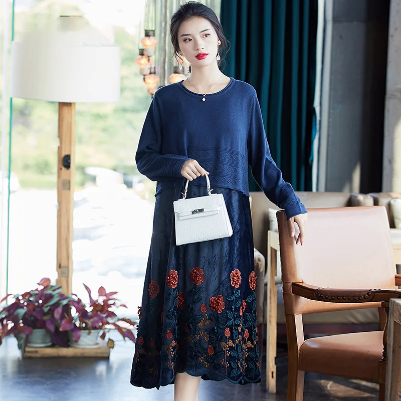 

Plus Size Dress 2019 Autumn and winter Women New knitting Patchwork Flower Embroidery O neck long sleeve warm Bottoming Dress