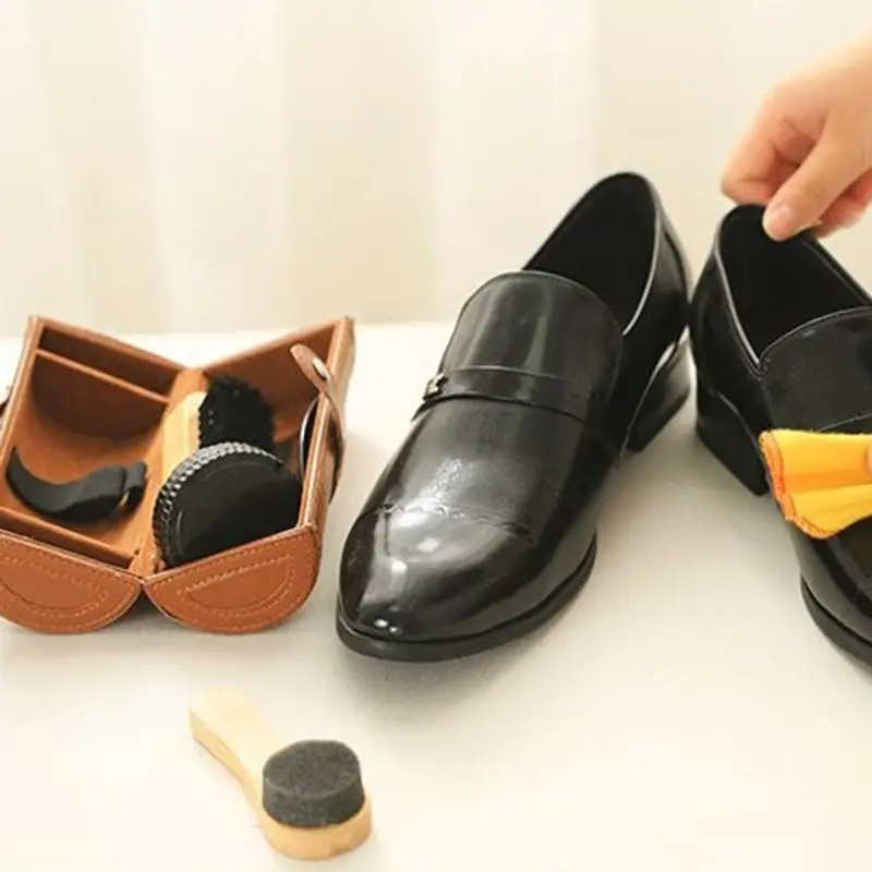 Leather shoes care set of 6 pieces, shoehorn, shoe polish, shoe brush, cleaning cloth, sponge brush, sponge wipe