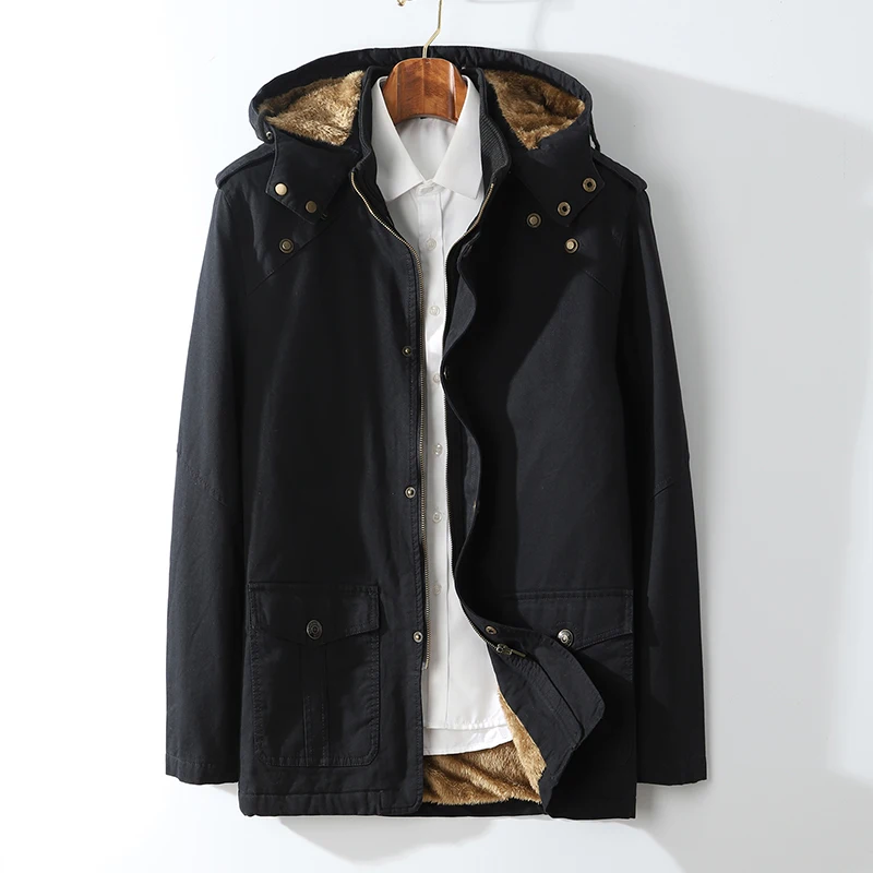 Британский стиль, 4 цвета, Зимняя Толстая флисовая Мужская Повседневная теплая куртка с капюшоном, ветровка, парка, пальто - Цвет: Черный