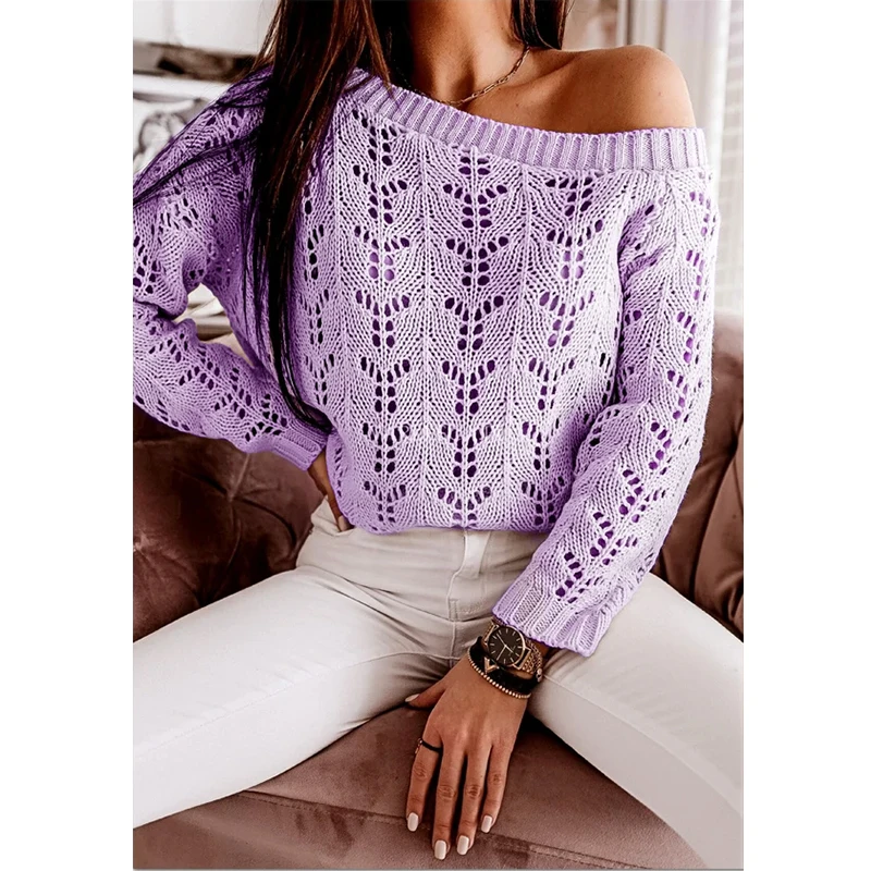 2020 Autumn One Shoulder Laser cut-out Elegant Sweater Women Long Sleeve Knitted Sweaters Plus Size 2XL Elegant Pullover
