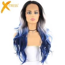Синий платины эффектом деграде(переход от темного к Цвет парики из синтетических волос /средняя часть X-TRESS 24 дюймов длинные волнистые 13x4 швейцарский Синтетические волосы на кружеве парик с детскими волосами