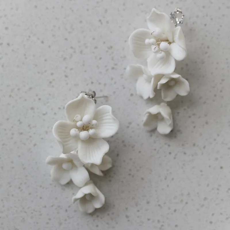 Ins Porcelain Flower Wedding Earrings Bridal Jewelry Gold Silver Color Handmade Women Drop Earring 4