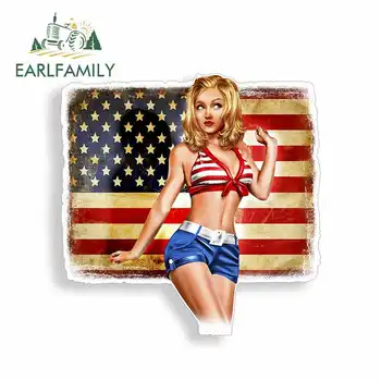 

EARLFAMILY 13cm x 11.9cm Sexy Pinup Girl Car Sticker Rustic American USA Flag Patriot Car Window Bumper Decal Funny Car Styling