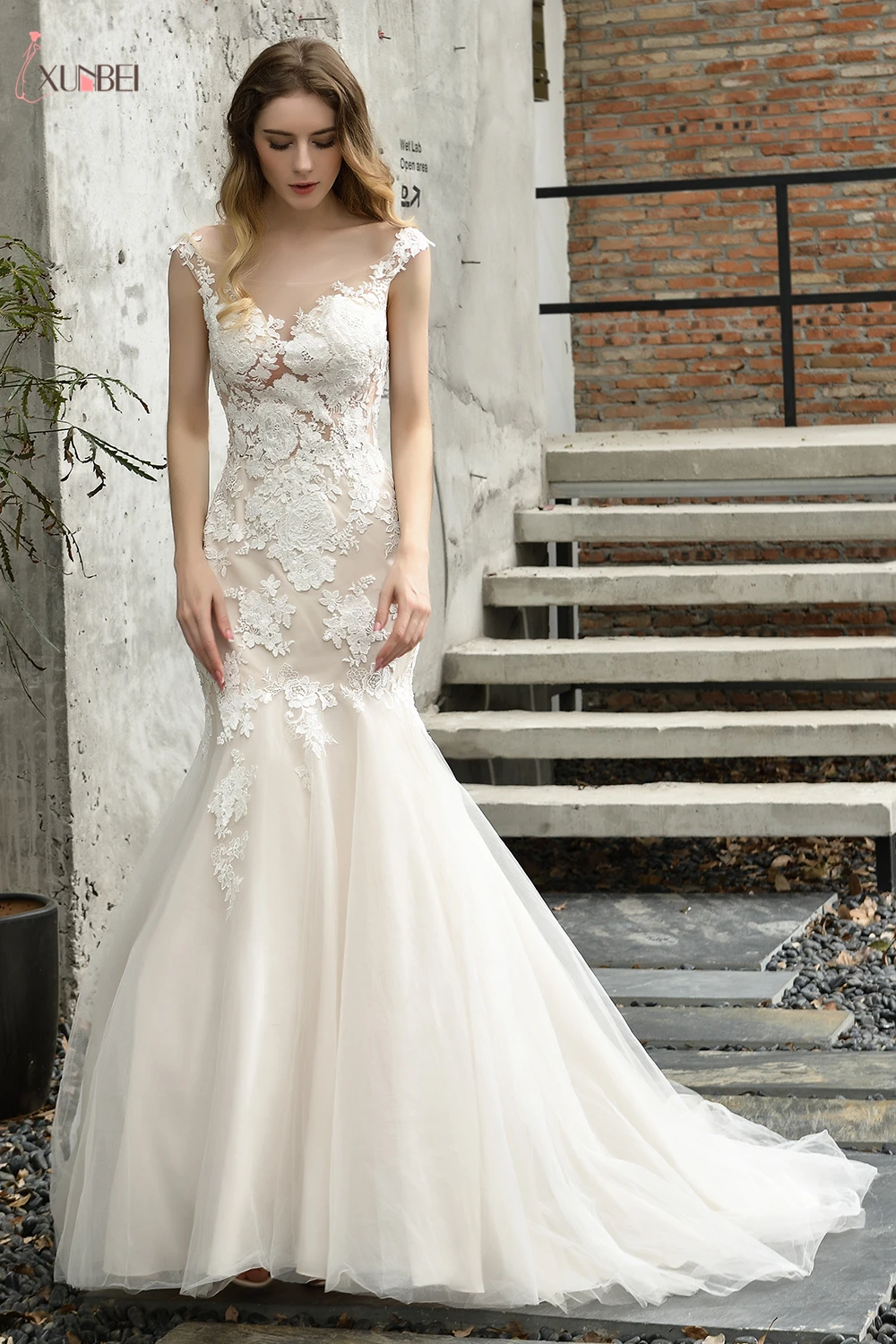 Robe De Mariee Новые свадебные платья Mermaind кружевной круглый вырез, Свадебные платья с блестками Vestido De Noiva