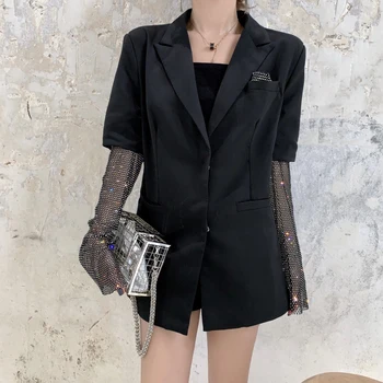 

2020 Autumn Notched Neck Long Spliced Sleeve Diamond Personality Jacket Women Coat Fashion Blazer For Women