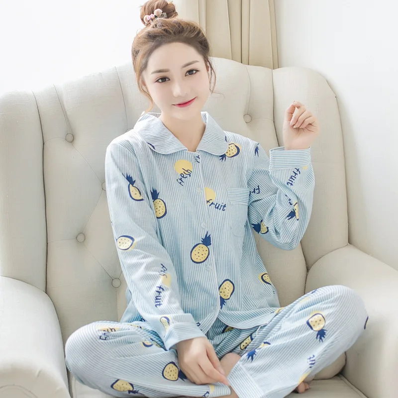 Свежая Осенняя пижама с длинными рукавами, Женская Хлопковая пижама, женские повседневные корейские женские пижамы, домашняя одежда, новая женская одежда для отдыха - Цвет: ks boluo lantiao