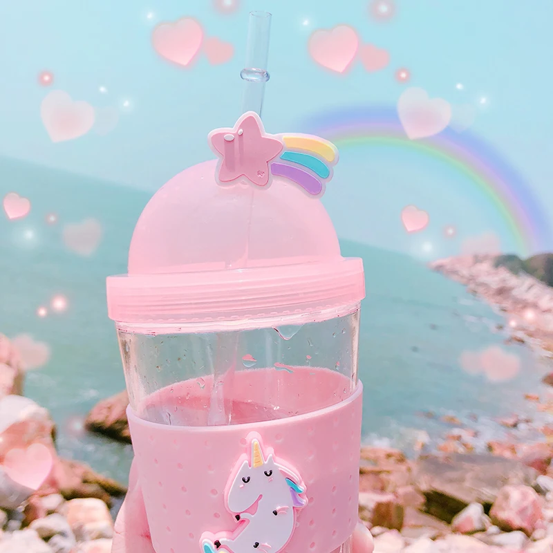 Boxi Kpop Kawaii стеклянная бутылка для воды для девочек, мультяшная Милая бутылка для воды для детей и взрослых, чашка для воды с крышкой и соломенными ручными чашками