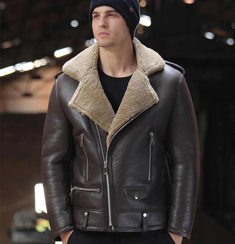 Мужская зимняя куртка из натуральной кожи, австралийский натуральный мех, настоящая овчина, мужская куртка из овечьего меха, мужские куртки - Цвет: Коричневый