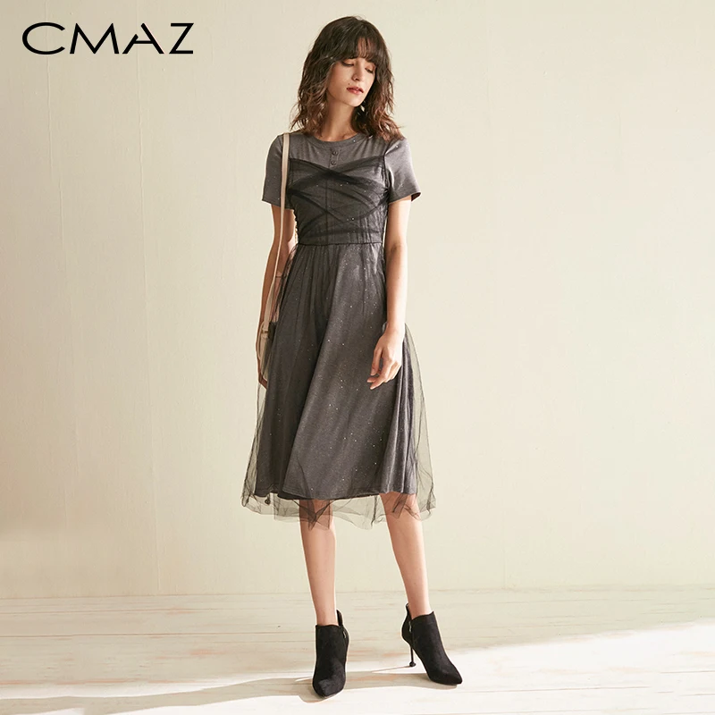 

CMAZ Women Mesh Lace Dress Women 2019 Female Oneck A-line High Waist Elegant Ladies Bling Gauze Dress MX19B1950