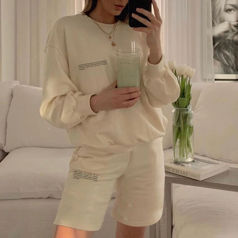 [LIVIVIO] Casual Letter Print Loose Sweat Suits Lounge Wear T Shirt And Shorts Two Piece Set Tracksuit Women Outfits Streetwear ladies loungewear