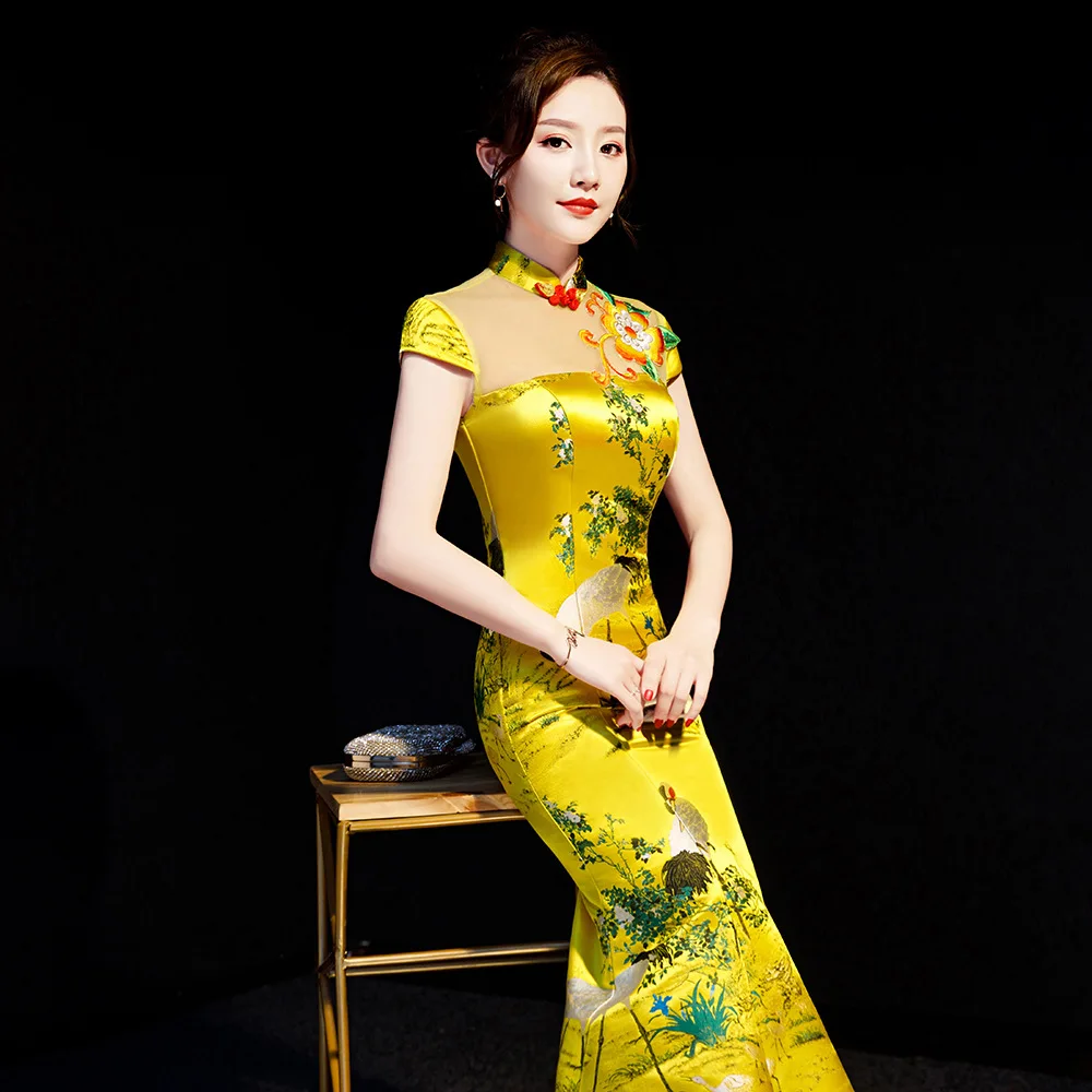 Yellow Chinese Style Womens Wedding Cheongsam Retro Sexy Slim Party Evening Dress Marriage Gown Qipao Fashion Lady Vestido S-XXL |