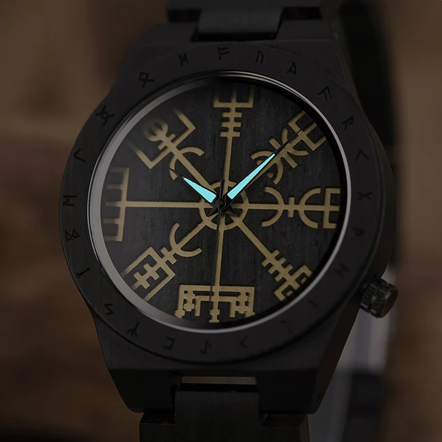 Zegarek Meski BOBOBIRD Vegvisir Wooden Watch Men Women Runic Circle Wristwatches with Golden Helm of Awe Timepiece Luminous Hand 3