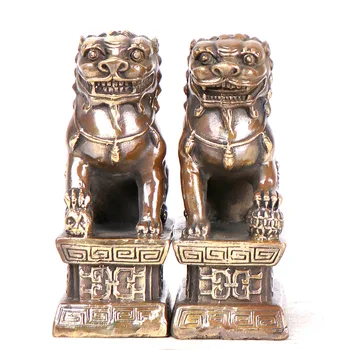 

A Pair Pure Copper Lion Ornament Lucky Feng Shui Decorations Crafts Bronze Animal Small Statue Home Office Decor Decoration