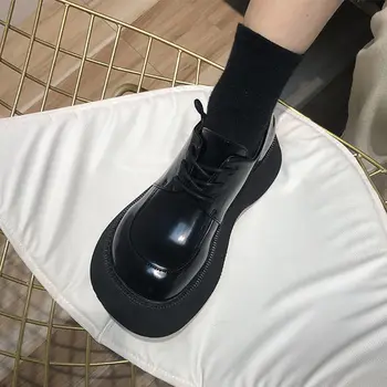 

Platforms Shoes Women Bottom Heels Woman Autumn Shoes Round Big toe Shoe British Style Girls Faves Footwear Slip On Black
