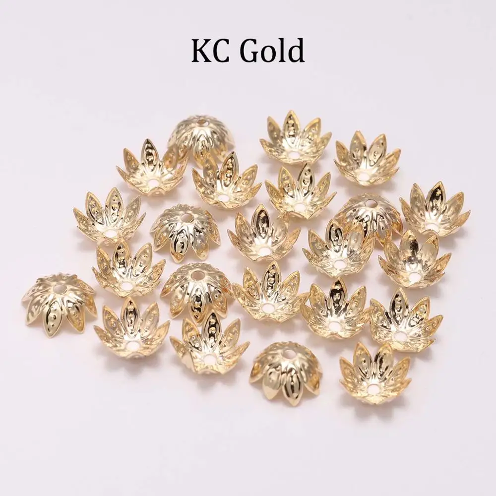 100 шт./лот, 8, 10 мм, тибетский античный серебряный цветок лотоса, металлические бусины, концевые колпачки, принадлежности для изготовления ювелирных изделий, аксессуары - Цвет: KC Gold