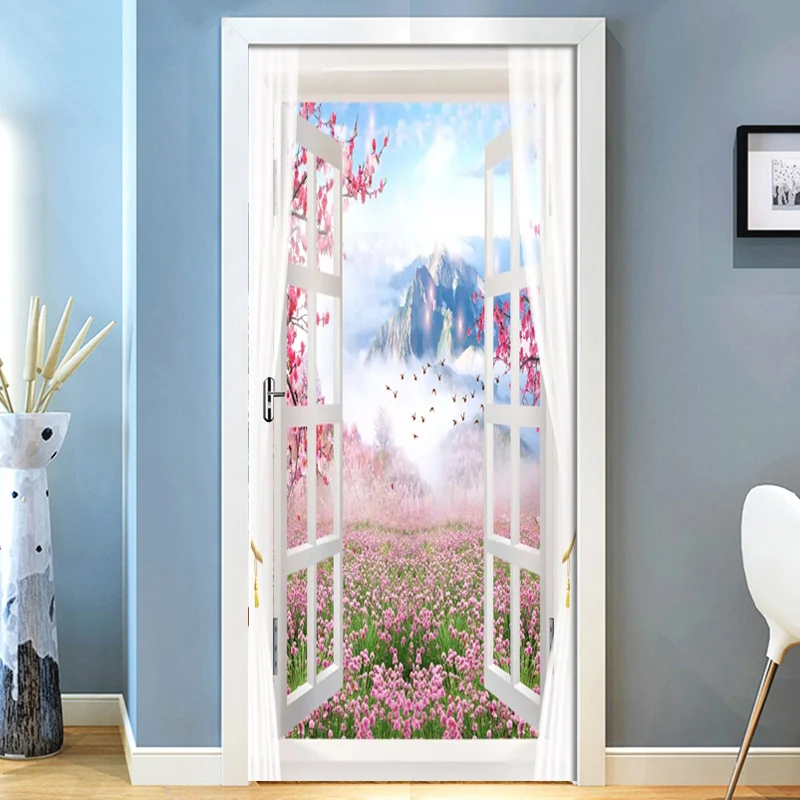 

3D Wall Door Sticker Scenery Outside Window Wallpaper Living Room Bedroom Home Decor Paste PVC Self-Adhesive Waterproof 3D Mural