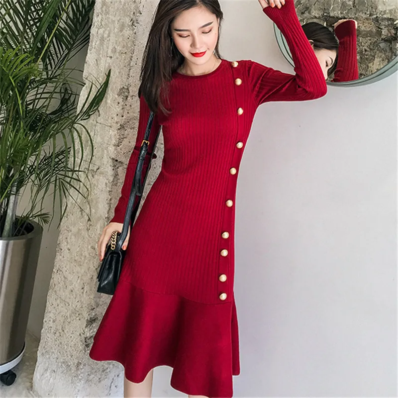 Günstige Korean Mode Frauen Pullover Kleid Elegante Frauen Bodycon Kleid Plus Größe Winter Kleider Frauen 2019 Vestido Frau Faltete Kleider