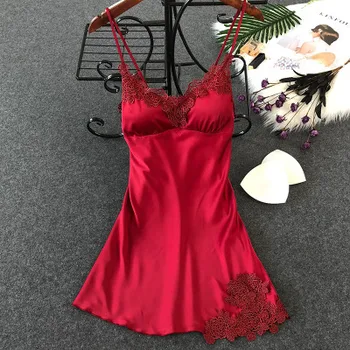 

Women's Sexy Lingerie Silk Nightgown Summer Dress Lace Night Dress Sleepwear Babydoll Nightie Satin Homewear Chest Pad Nightwear