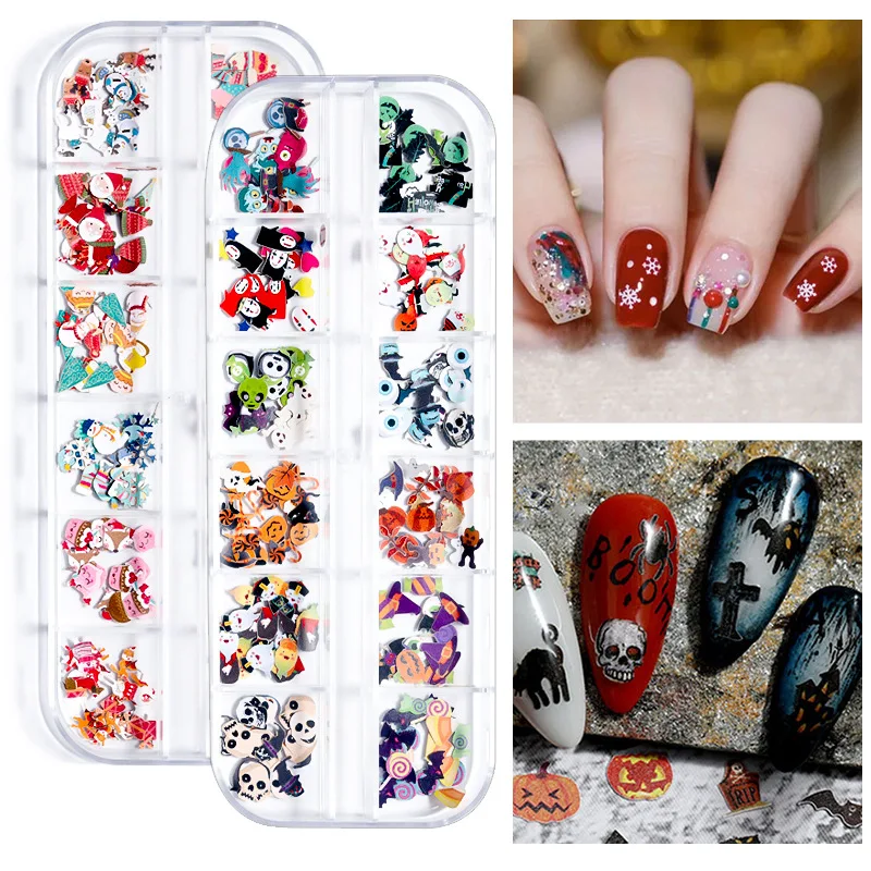 

3D Nail Art Decoration Wood Pulp Board 12 Grid Flower Christmas Snowman Nail Applique Halloween Pumpkin Ghost Nail Accessories