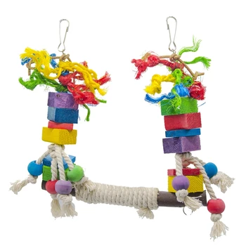 

Pet Bird Parrot Chew Toy Bird Perch Leather Colorful Wood Building Block Cotton Rope Big Conure Swing for Pet Birds