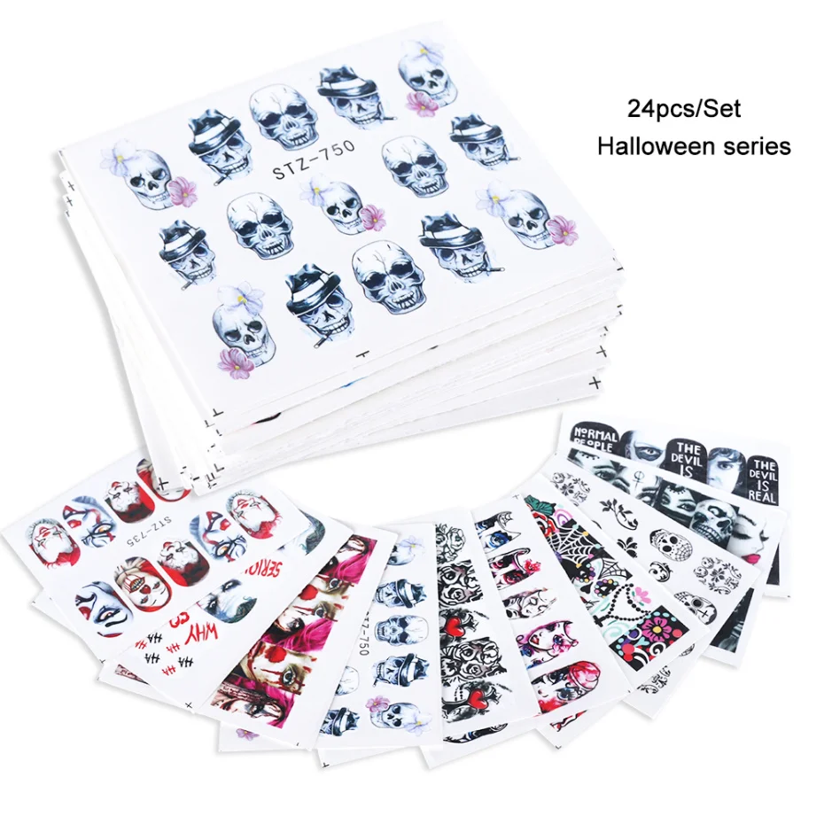 24 Pcs Halloween Nail Art Water Sticker Set Anime Skull Bone Decals Gel Polish Slider Accessories Nail Decorations LASTZ731-755 nail stickers nail art decoration nail decals