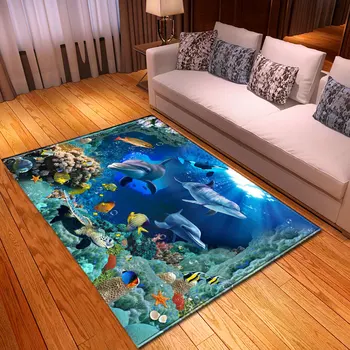 

3D Aquarium Dolphin Parlor Rug Children Play Crawling Mat Flannel Home Decor Bedroom Area Rug Large Living Room Rug Carpet