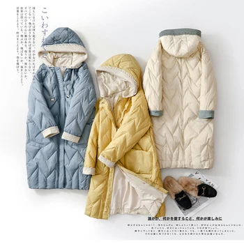 

2020 Women White Duck Down Winter Coat Long Sleeve Knitted Patchwork Hooded Women Yellow Coat Casaco Feminino Women Coat