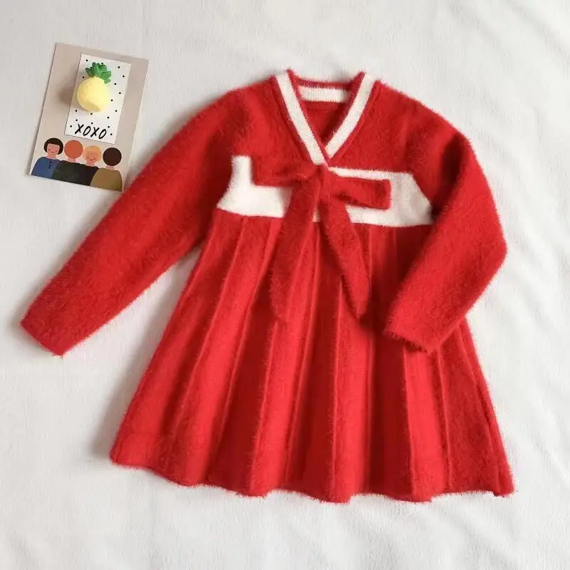 Коллекция года, осенне-зимнее платье для девочек детское платье-свитер с v-образным вырезом и длинными рукавами в китайском стиле трикотажное платье с вышивкой для детей - Цвет: Красный
