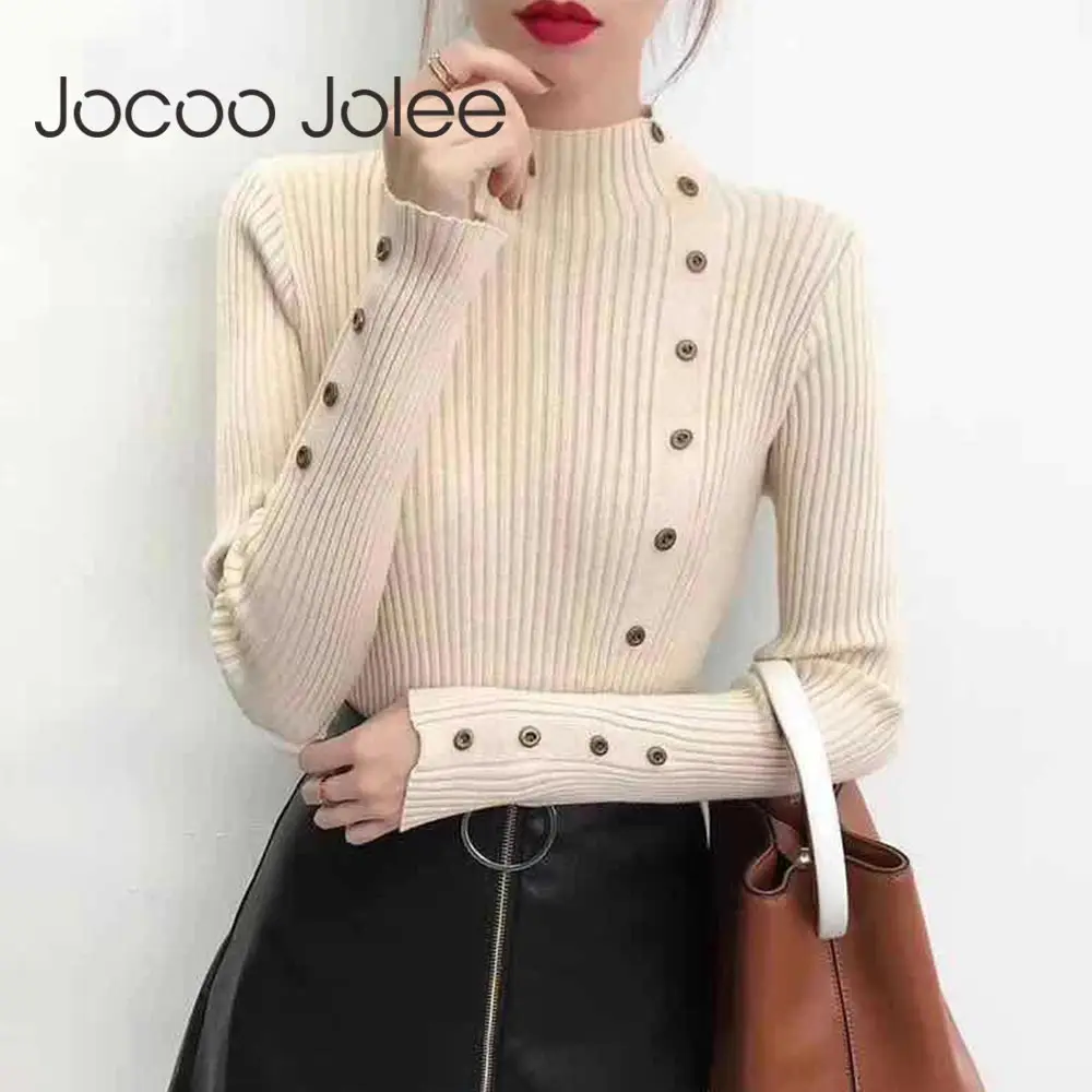 

New Fashion Button Turtleneck Sweater Women Spring Autumn Solid Knitted Pullover Women Slim Soft Jumper Sweater Female Knit Tops