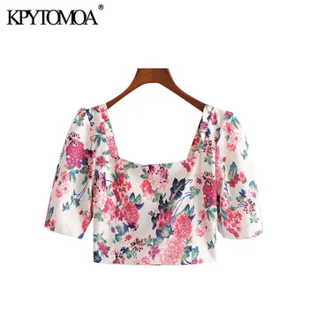 

KPYTOMOA Women 2020 Chic Fashion Floral Print Cropped Blouses Vintage Puff Sleeve Side Zipper Female Shirts Blusas Chic Tops