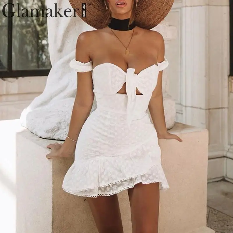 Glamaker White embroidery women dress Off shoulder irregular ruffles holiday dress Elegant party club vintage autumn dresses