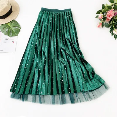 Цветные бархатные юбки-макси со звездами, новинка года, осенне-зимняя двухсторонняя длинная юбка из фатина с блестками, плиссированная шикарная юбка-пачка - Цвет: Green