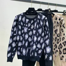 

Apricot Korean Fashion Retro Women Knitted Suits Women Leopard Long Sleeve O-neck Sweater + Lace Up Waist Pocket Harem Pants Set