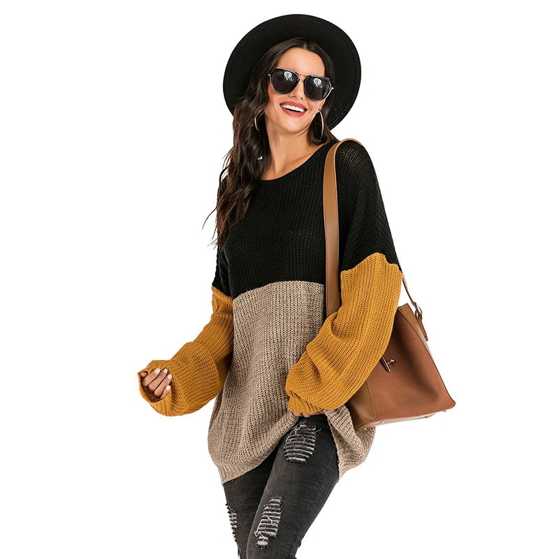 Wipalo Spring Autumn Women Fashion Sweaters Contrast Color Striped Crew Neck Long Sleeve Knit Pullover Loose Colorblock | Женская одежда