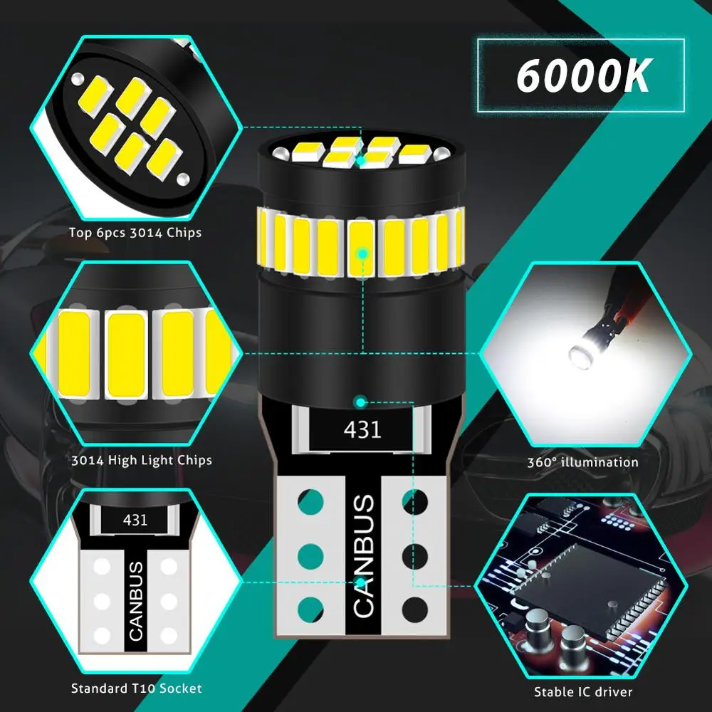 Светодиодный светильник 10x T10 194 168 175 2825 W5W 158 161 3014 SMD 6000K с резистором Canbus для