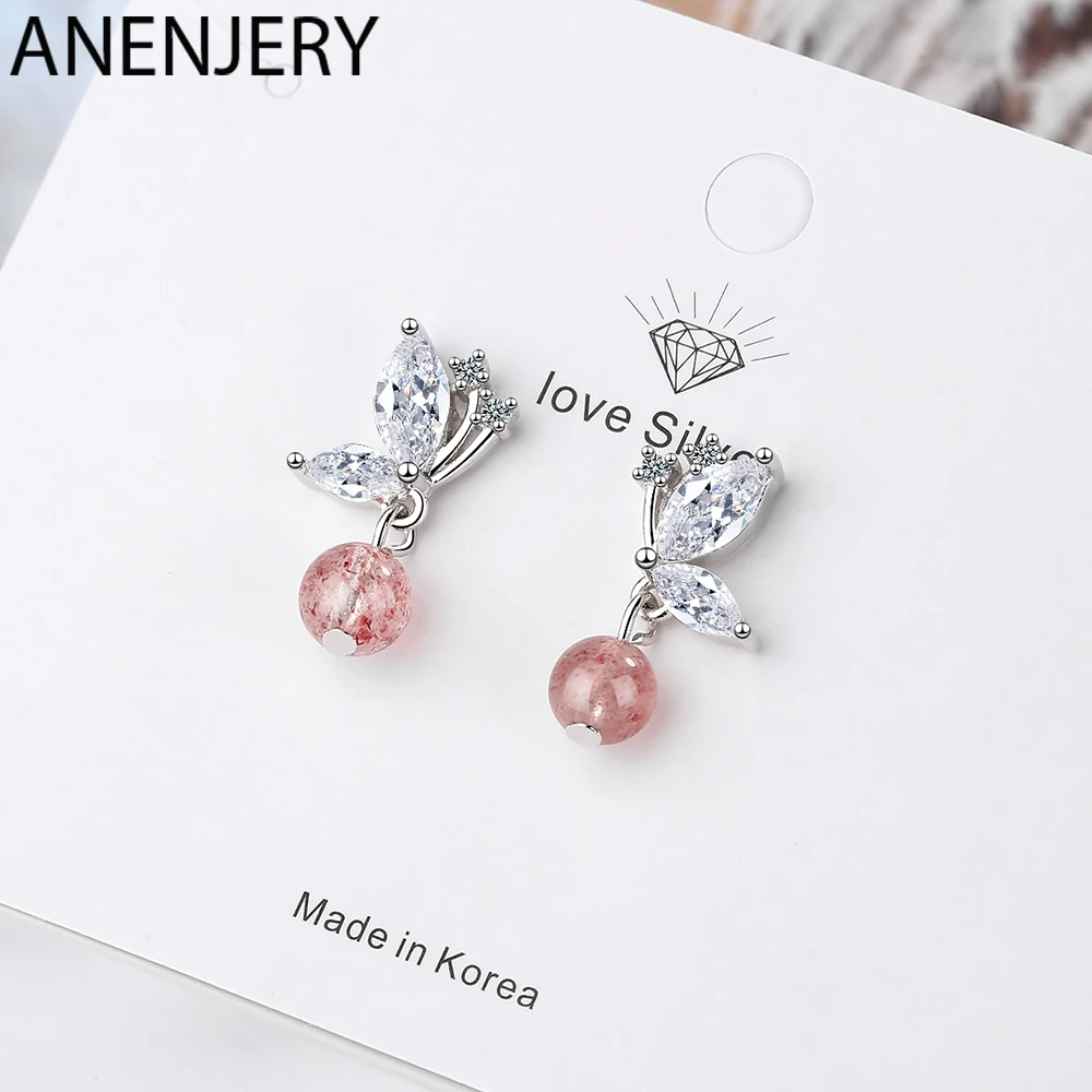 ANENJERY милые 925 пробы серебряные серьги для женщин Nnatural Клубника Кристалл серьги с бантами предотвратить аллергию S-E922