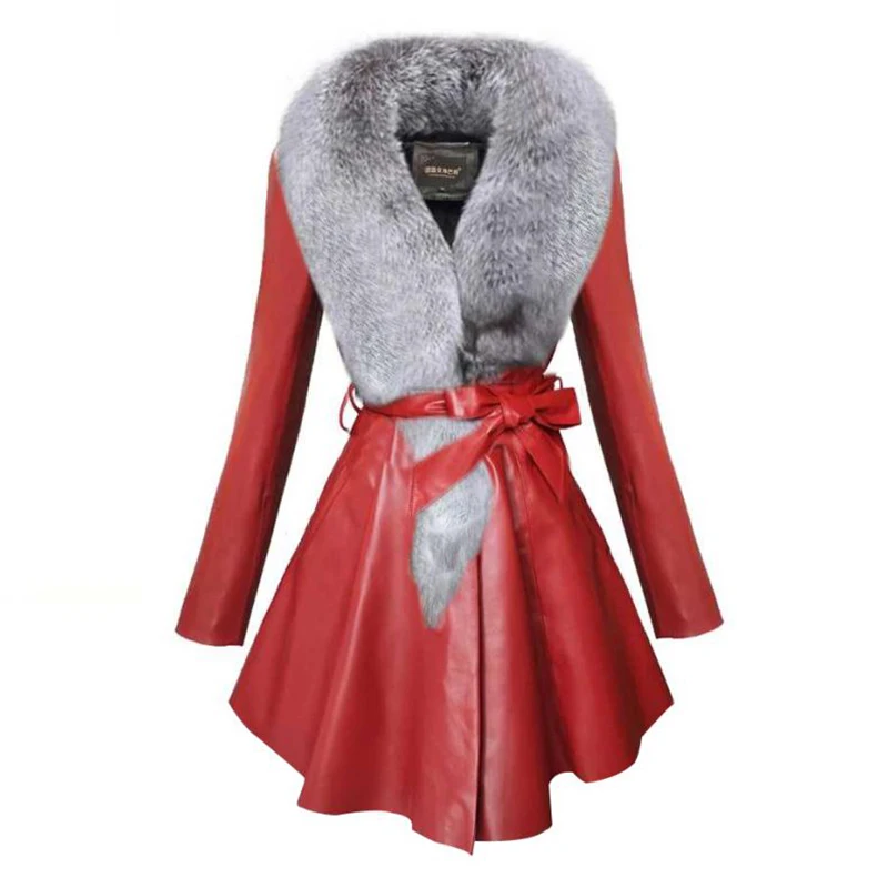 Женская куртка из искусственной кожи, большие размеры, S-8XL, роскошная куртка с поясом, длинное пальто с меховым воротником, черная куртка из искусственной кожи, женская верхняя одежда, уличная одежда