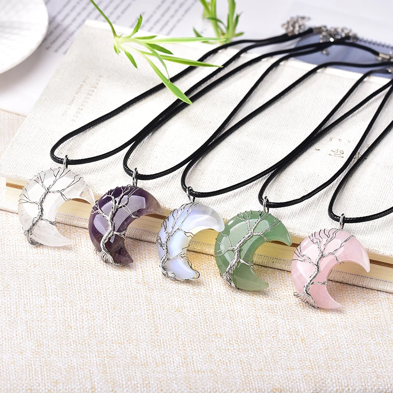 Mineral-Jewelry Healing-Stone Crystal-Pendant Polished Gift Reiki Moon-Shape Tree-Of-Life